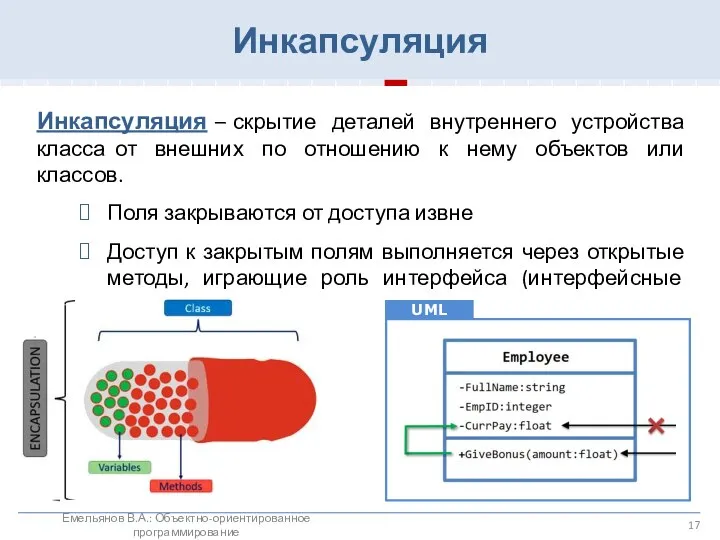 Инкапсуляция – скрытие деталей внутреннего устройства класса от внешних по отношению