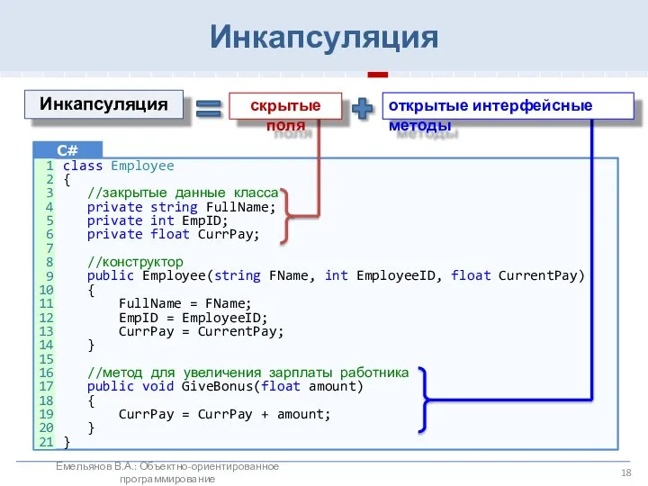 Инкапсуляция class Employee { //закрытые данные класса private string FullName; private