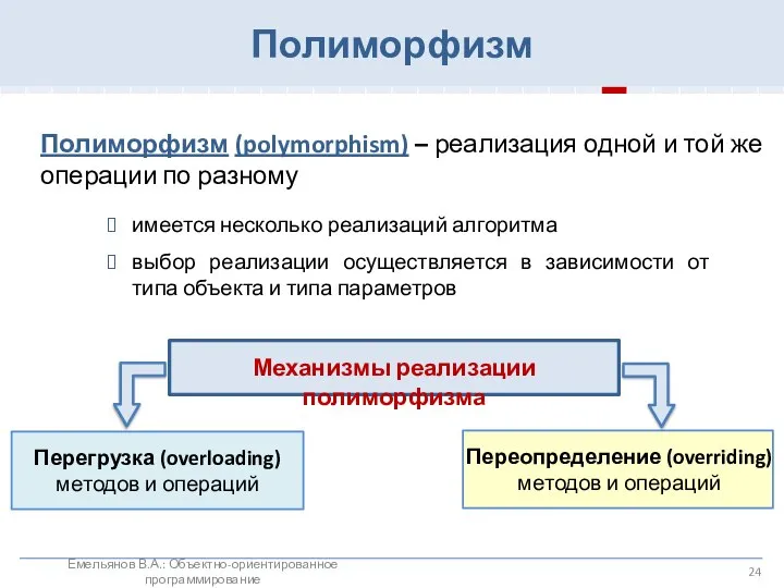 Полиморфизм Полиморфизм (polymorphism) – реализация одной и той же операции по