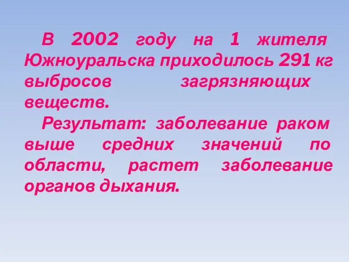 В 2002 году на 1 жителя Южноуральска приходилось 291 кг выбросов