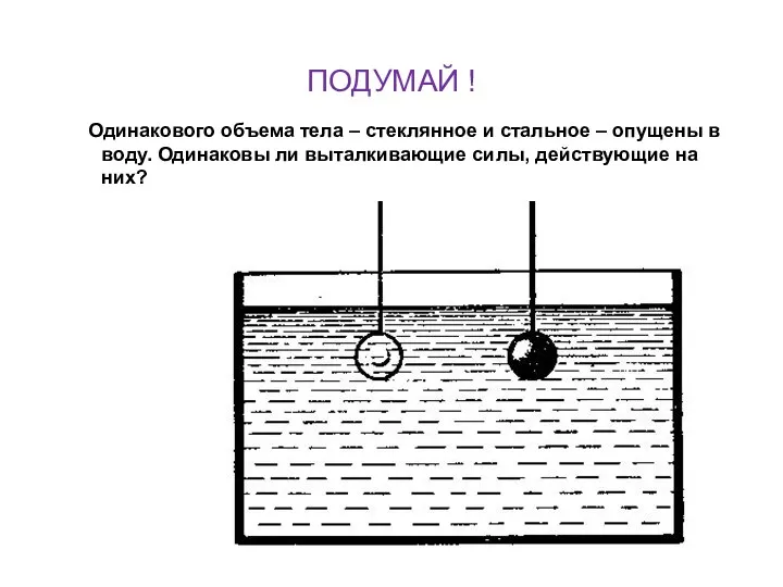 ПОДУМАЙ ! Одинакового объема тела – стеклянное и стальное – опущены