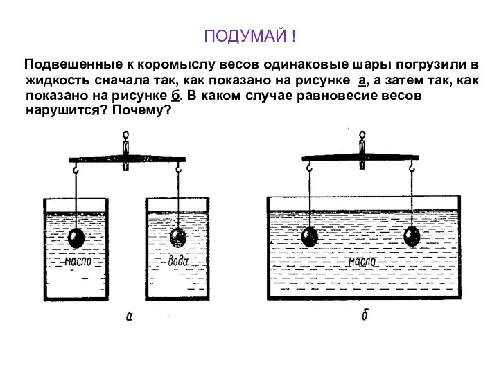 ПОДУМАЙ ! Подвешенные к коромыслу весов одинаковые шары погрузили в жидкость