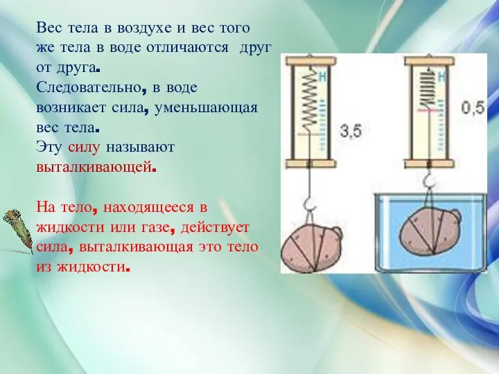 Вес тела в воздухе и вес того же тела в воде