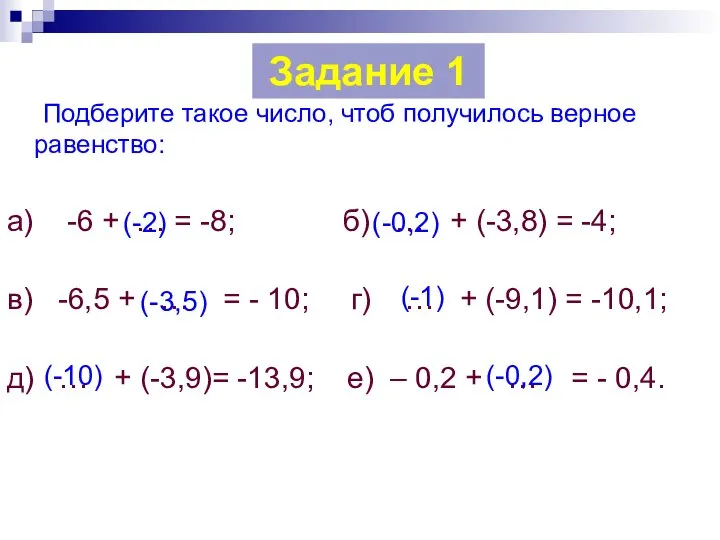 Подберите такое число, чтоб получилось верное равенство: а) -6 + …