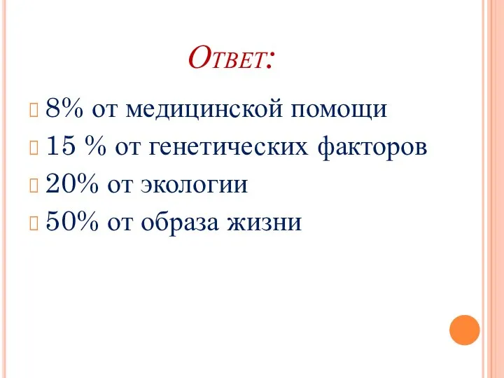 Ответ: 8% от медицинской помощи 15 % от генетических факторов 20%