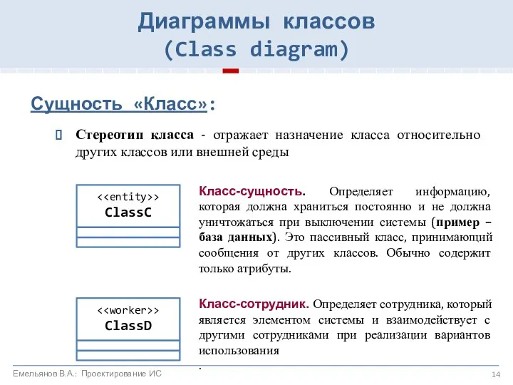 Сущность «Класс»: Стереотип класса - отражает назначение класса относительно других классов