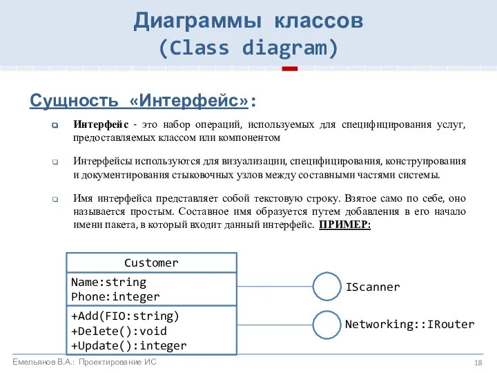 Сущность «Интерфейс»: Интерфейс - это набор операций, используемых для специфицирования услуг,