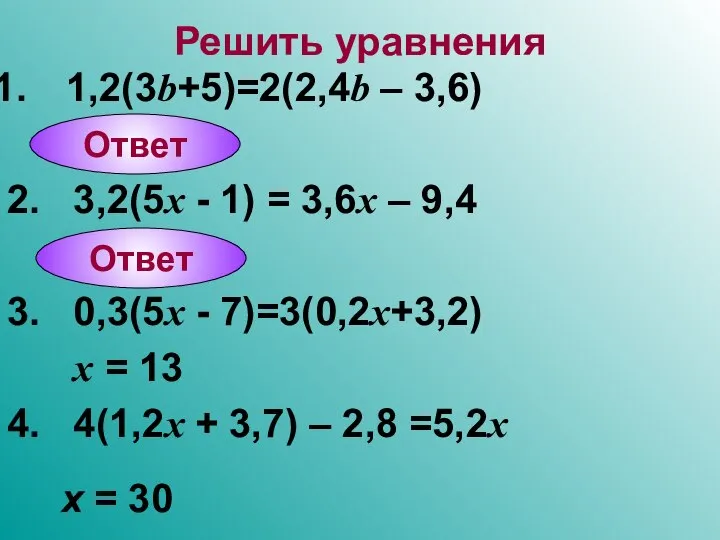 Решить уравнения 1,2(3b+5)=2(2,4b – 3,6) 2. 3,2(5x - 1) = 3,6x