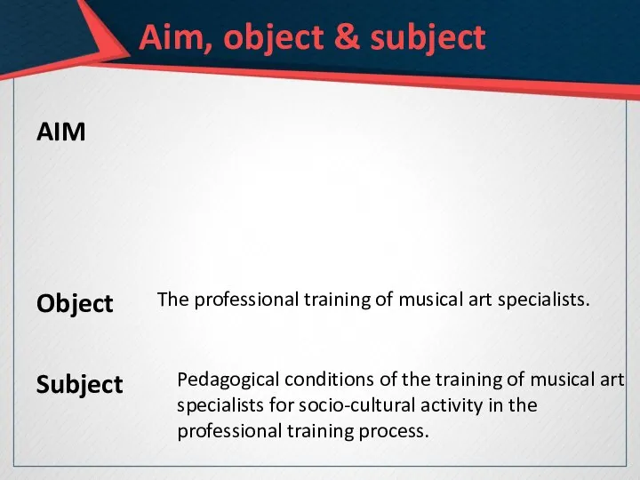 Aim, object & subject AIM Object The professional training of musical