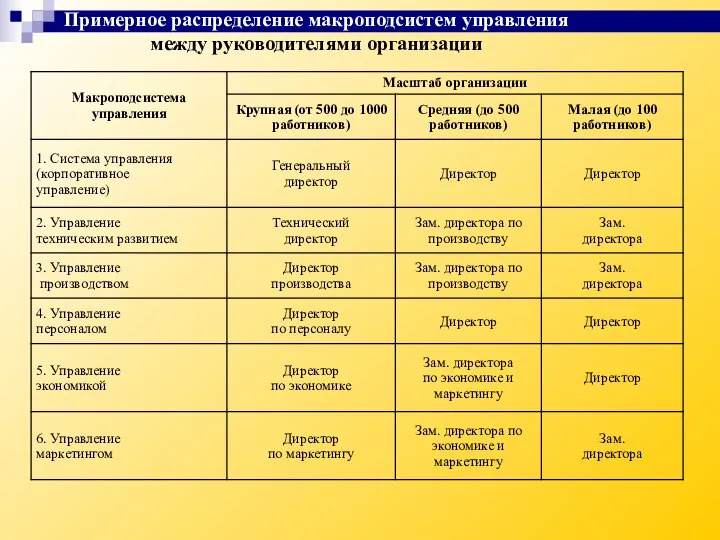 Примерное распределение макроподсистем управления между руководителями организации