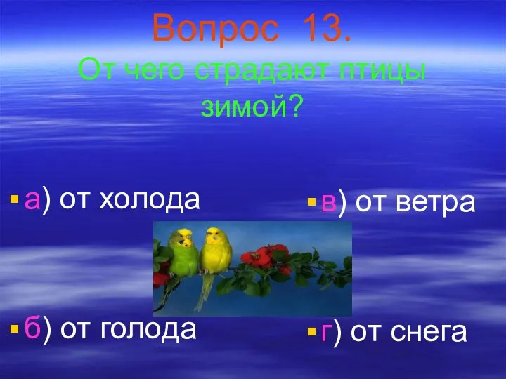 Вопрос 13. От чего страдают птицы зимой? а) от холода б)