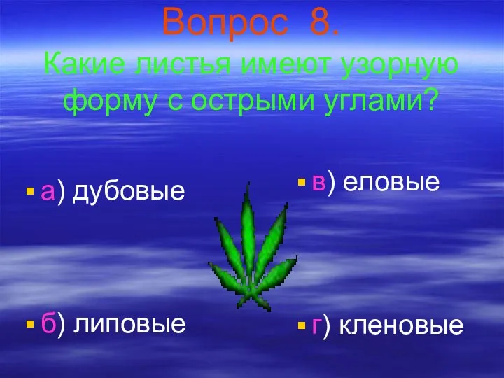 Вопрос 8. Какие листья имеют узорную форму с острыми углами? а)