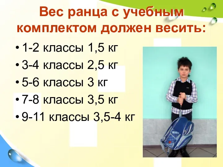 Вес ранца с учебным комплектом должен весить: 1-2 классы 1,5 кг