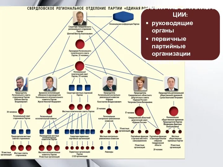 НАЛИЧИЕ ОРГАНИЗАЦИИ: руководящие органы первичные партийные организации членство