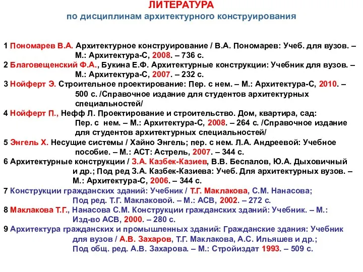 1 Пономарев В.А. Архитектурное конструирование / В.А. Пономарев: Учеб. для вузов.