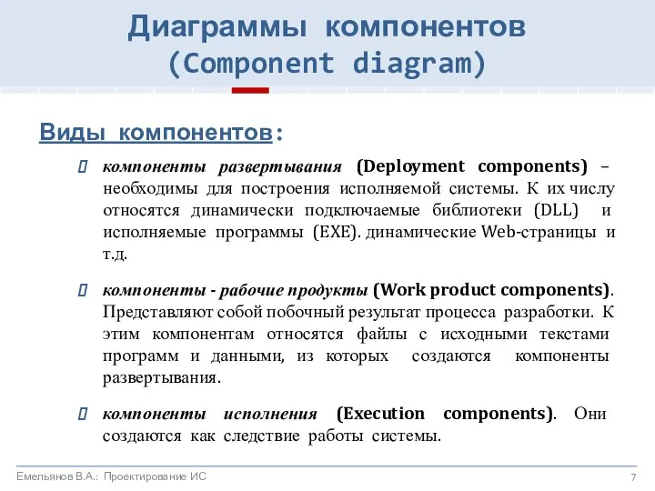 Виды компонентов: компоненты развертывания (Deployment components) – необходимы для построения исполняемой