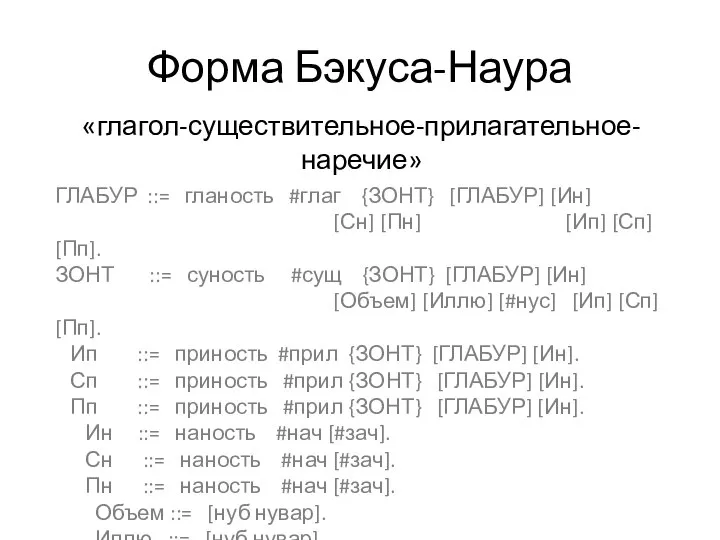 Форма Бэкуса-Наура ГЛАБУР ::= гланость #глаг {ЗОНТ} [ГЛАБУР] [Ин] [Сн] [Пн]