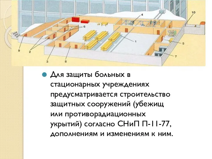 Для защиты больных в стационарных учреждениях предусматривается строительство защитных сооружений (убежищ