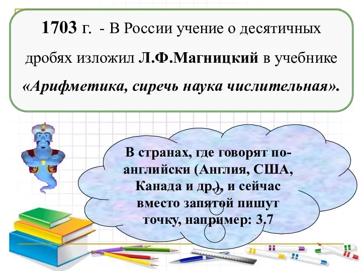 1703 г. - В России учение о десятичных дробях изложил Л.Ф.Магницкий