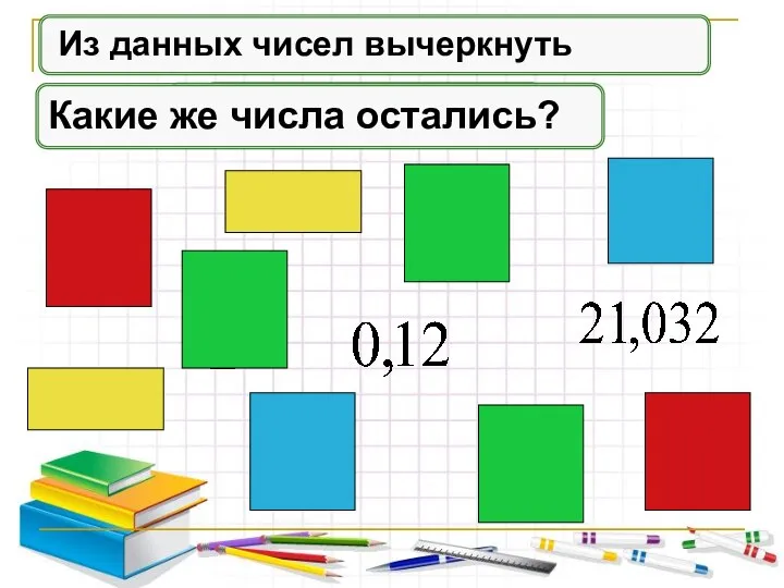 Натуральные числа Из данных чисел вычеркнуть Правильные дроби Неправильные дроби Смешанные числа Какие же числа остались?