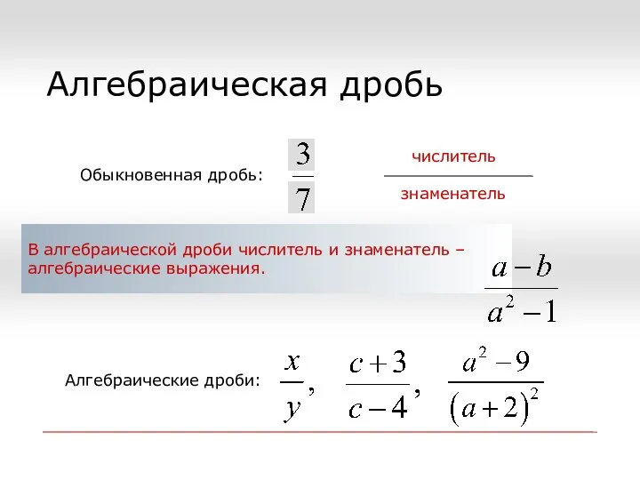 Алгебраическая дробь Обыкновенная дробь: числитель знаменатель В алгебраической дроби числитель и