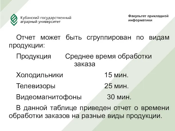 Отчет может быть сгруппирован по видам продукции: Продукция Среднее время обработки