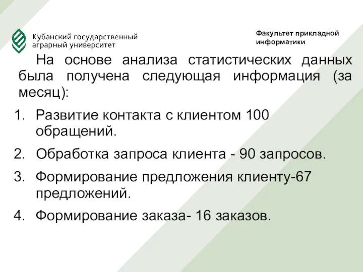 На основе анализа статистических данных была получена следующая информация (за месяц):