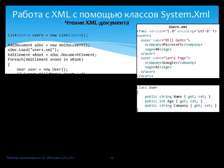 Язык программирования C# - Кислицын Д.И., 2017 Работа с XML с