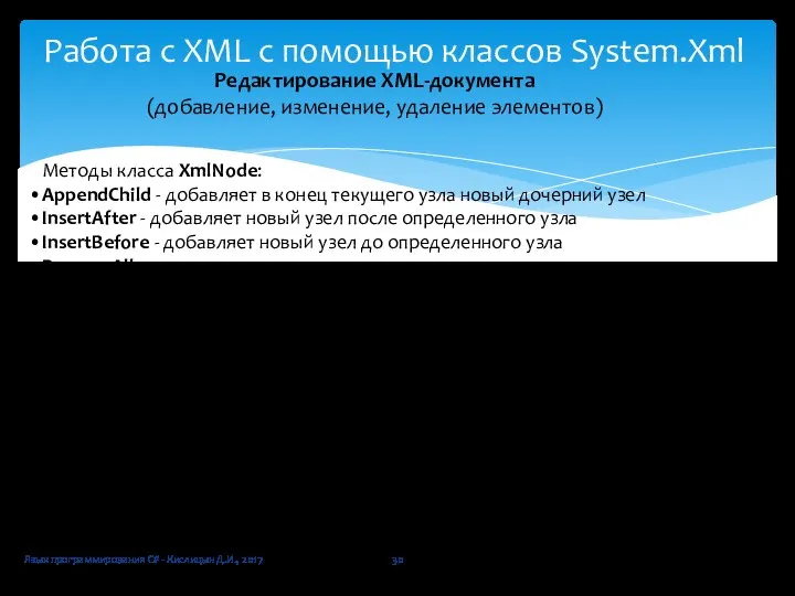 Язык программирования C# - Кислицын Д.И., 2017 Работа с XML с