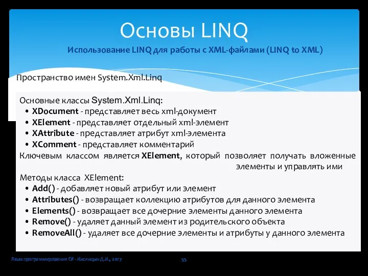 Язык программирования C# - Кислицын Д.И., 2017 Основы LINQ Использование LINQ