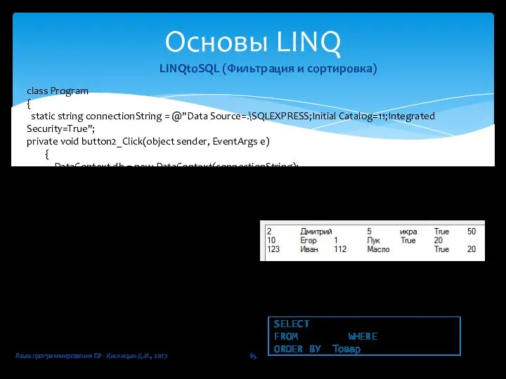 Язык программирования C# - Кислицын Д.И., 2017 Основы LINQ LINQtoSQL (Фильтрация