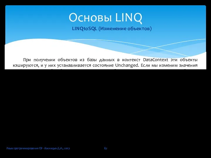 Язык программирования C# - Кислицын Д.И., 2017 Основы LINQ LINQtoSQL (Изменение