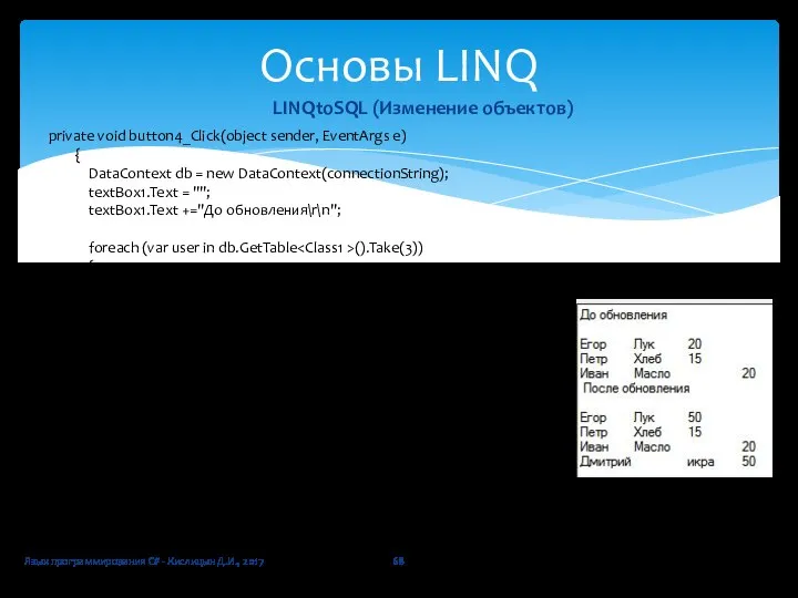 Язык программирования C# - Кислицын Д.И., 2017 Основы LINQ LINQtoSQL (Изменение