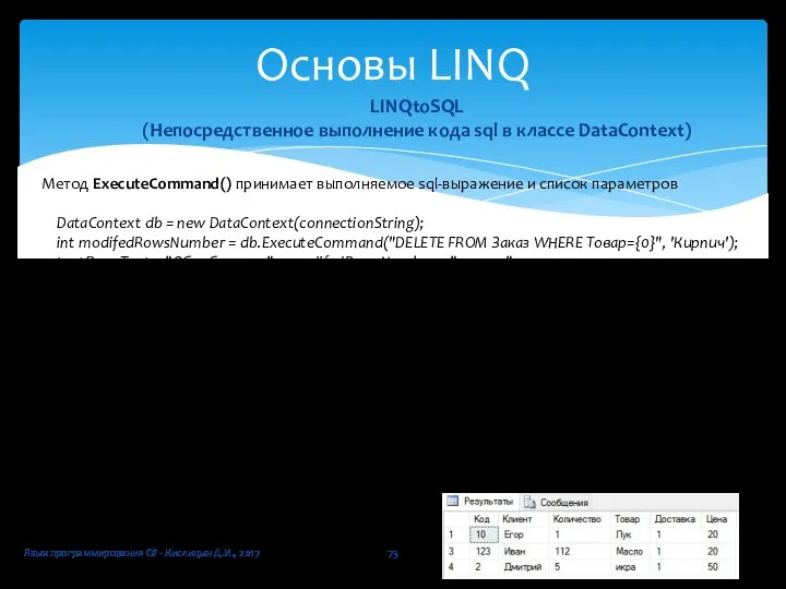 Язык программирования C# - Кислицын Д.И., 2017 Основы LINQ LINQtoSQL (Непосредственное