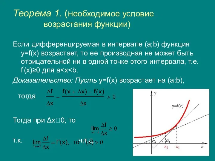 Теорема 1. (необходимое условие возрастания функции) Если дифференцируемая в интервале (a;b)