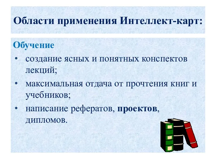 Области применения Интеллект-карт: Обучение создание ясных и понятных конспектов лекций; максимальная