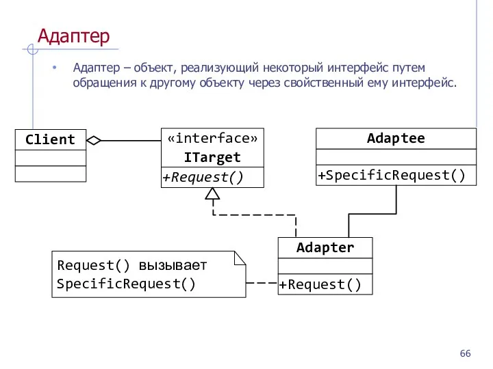 Адаптер Адаптер – объект, реализующий некоторый интерфейс путем обращения к другому объекту через свойственный ему интерфейс.