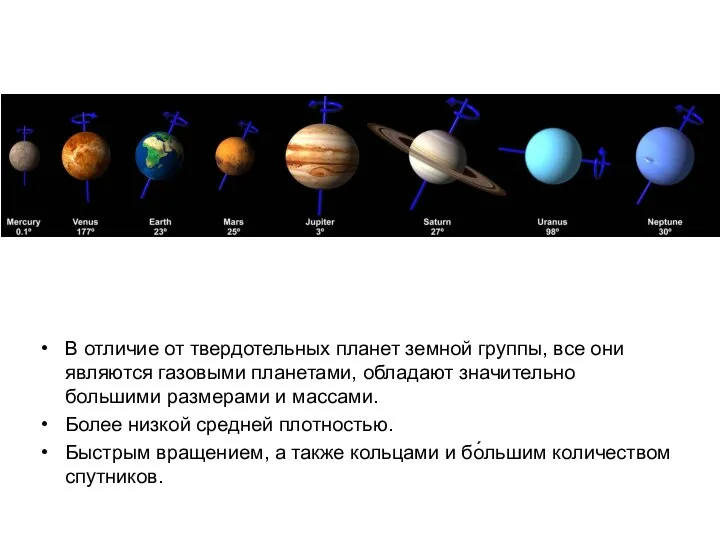 В отличие от твердотельных планет земной группы, все они являются газовыми