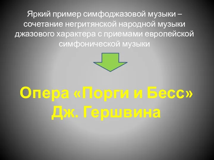 Опера «Порги и Бесс» Дж. Гершвина Яркий пример симфоджазовой музыки –