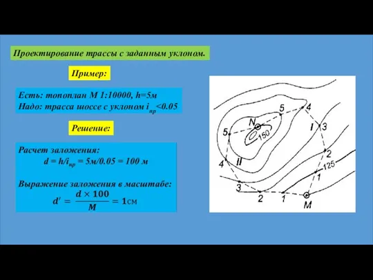 Проектирование трассы с заданным уклоном. Пример: Есть: топоплан М 1:10000, h=5м