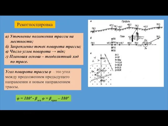 Рекогносцировка а) Уточнение положения трассы на местности; б) Закрепление точек поворота