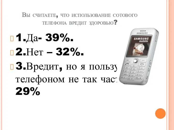 Вы считаете, что использование сотового телефона вредит здоровью? 1.Да- 39%. 2.Нет