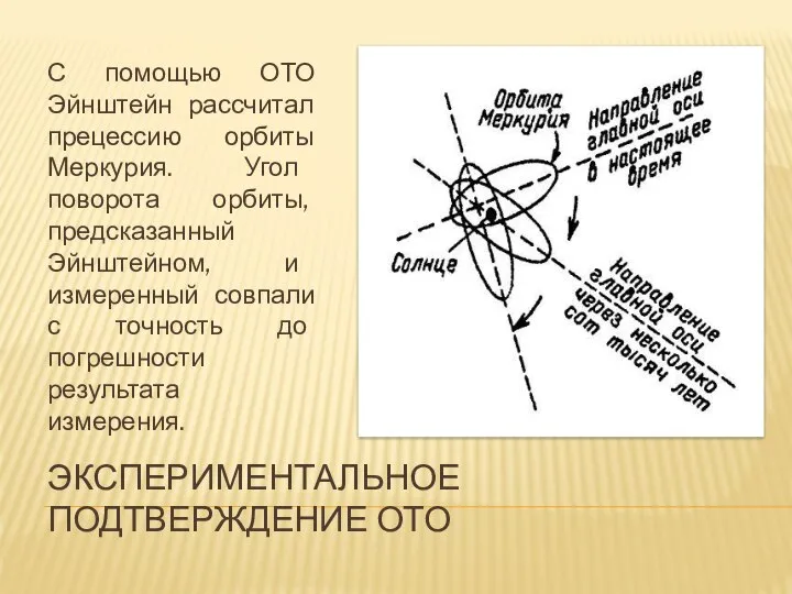 ЭКСПЕРИМЕНТАЛЬНОЕ ПОДТВЕРЖДЕНИЕ ОТО С помощью ОТО Эйнштейн рассчитал прецессию орбиты Меркурия.