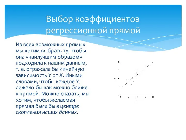 Выбор коэффициентов регрессионной прямой Из всех возможных прямых мы хотим выбрать