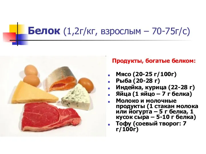 Белок (1,2г/кг, взрослым – 70-75г/с) Продукты, богатые белком: Мясо (20-25 г/100г)