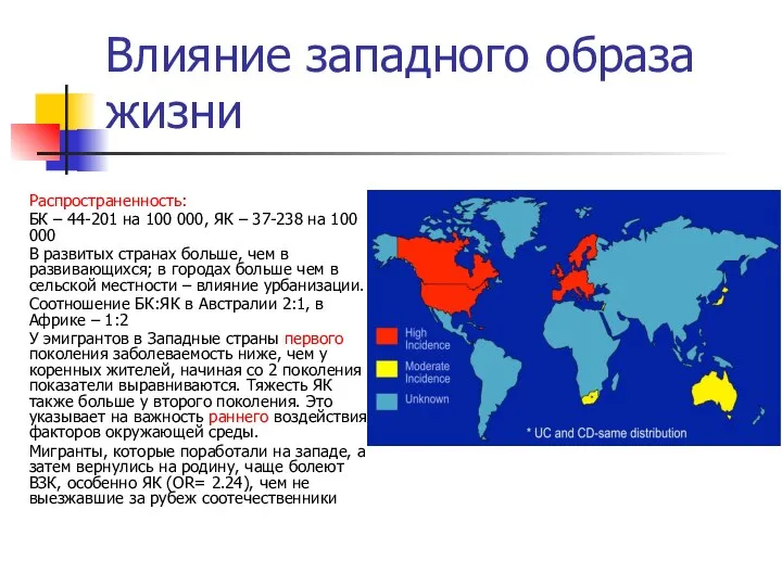 Влияние западного образа жизни Распространенность: БК – 44-201 на 100 000,