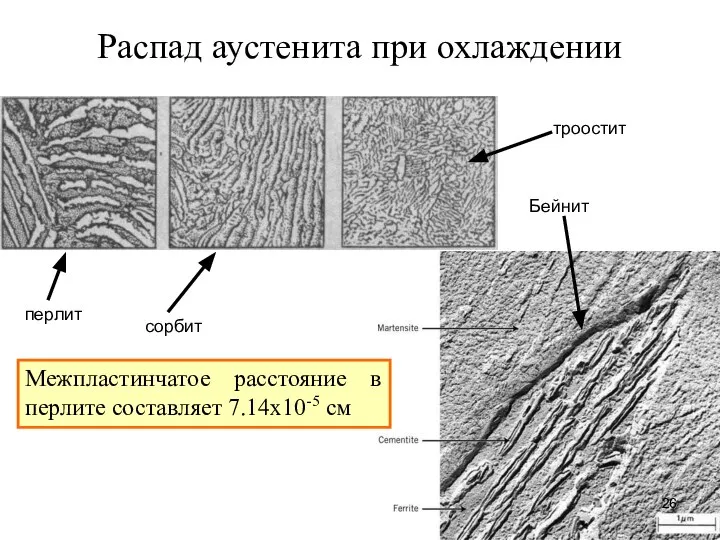 Распад аустенита при охлаждении перлит Бейнит сорбит троостит Межпластинчатое расстояние в перлите составляет 7.14х10-5 см