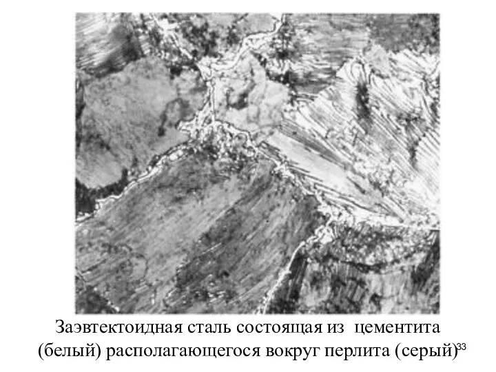 Заэвтектоидная сталь состоящая из цементита (белый) располагающегося вокруг перлита (серый)