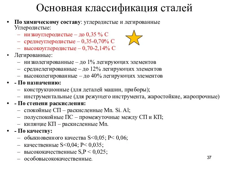 Основная классификация сталей По химическому составу: углеродистые и легированные Углеродистые: низкоуглеродистые