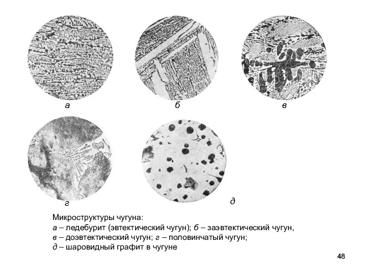 Микроструктуры чугуна: а – ледебурит (эвтектический чугун); б – заэвтектический чугун,